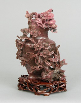 Appraisal: A Finely Carved Rhodolite Vase with Floral Design Chinese Chinese