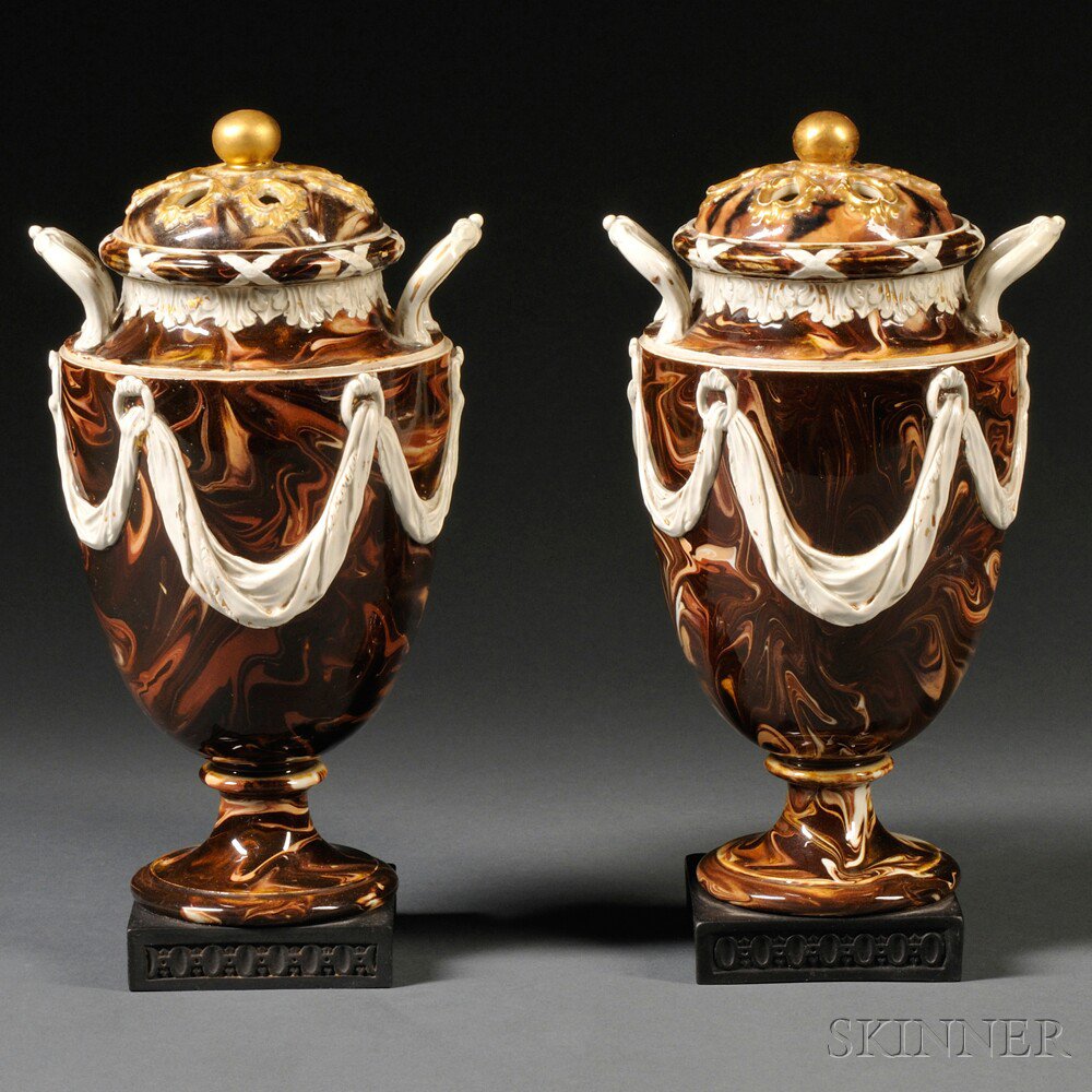 Appraisal: Pair of Wedgwood Surface Agate Potpourri Vases and Covers England