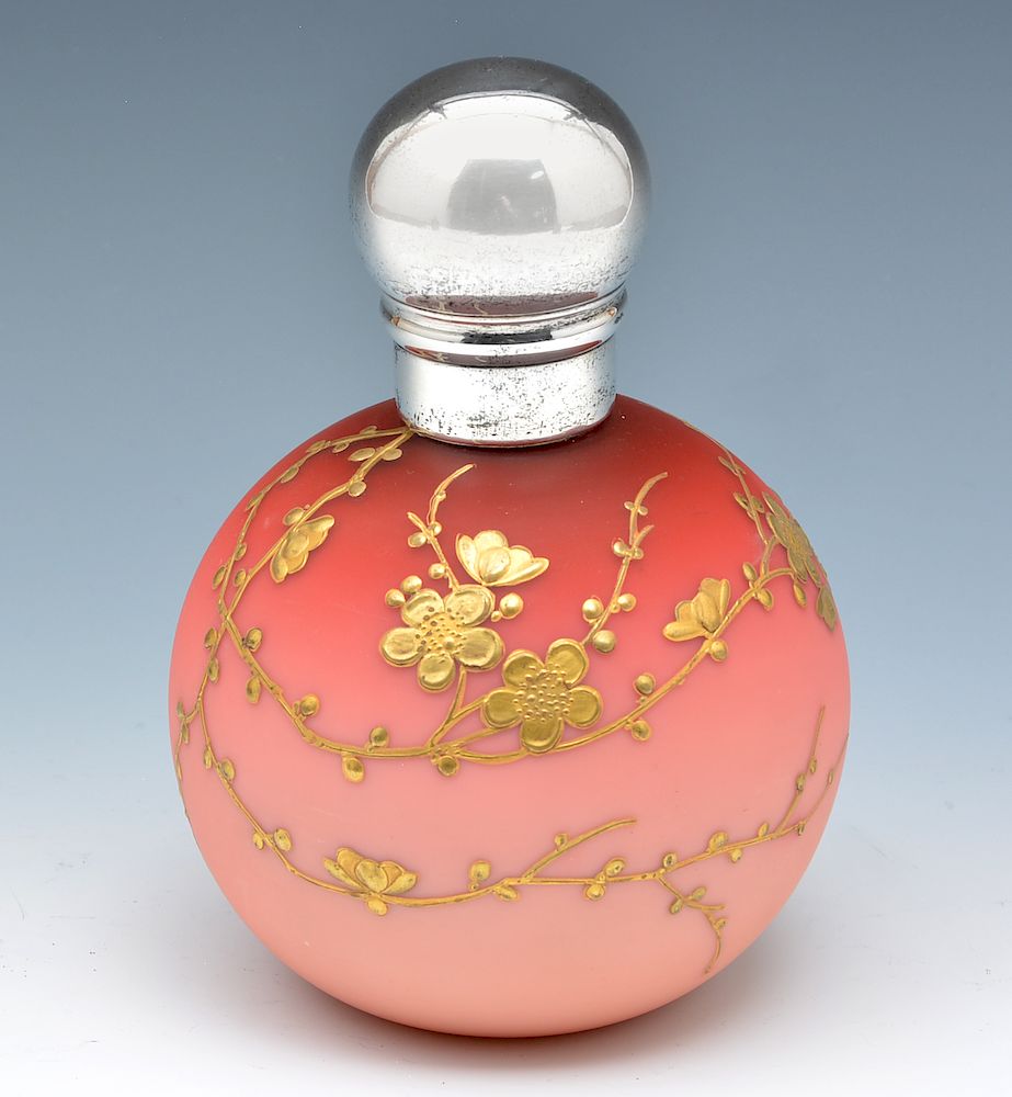 Appraisal: Thomas Webb peach blow gilt decorated perfume bottle Thomas Webb