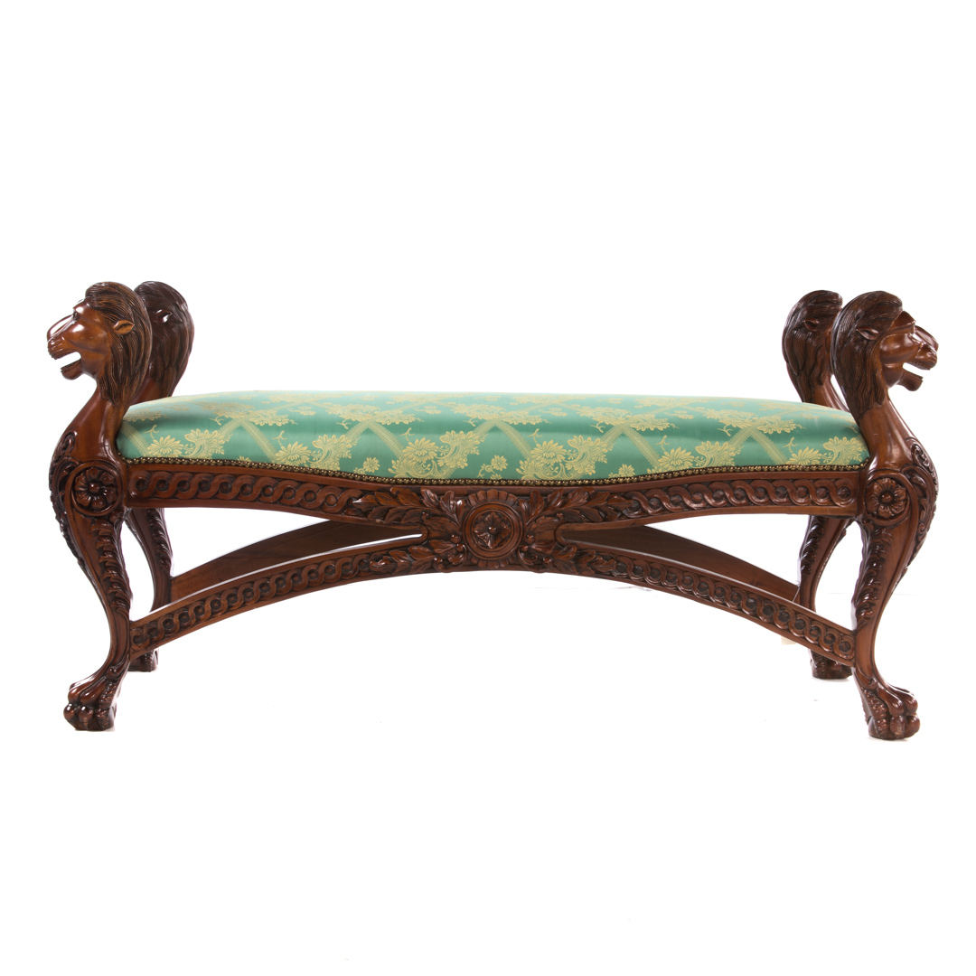 Appraisal: Regency style carved mahogany window bench th century upholstered seat