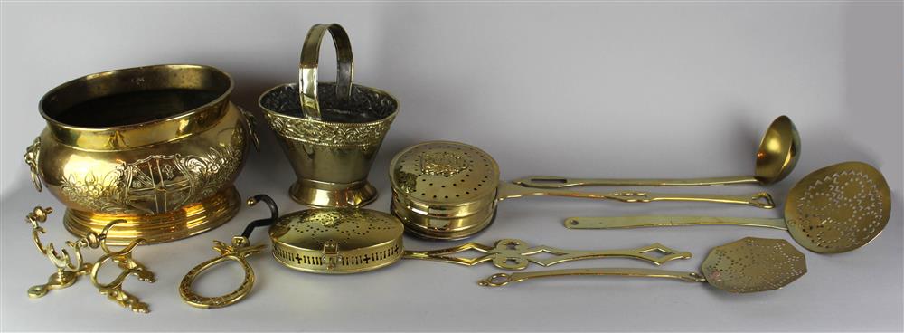 Appraisal: GROUP OF DECORATIVE BRASS FIREPLACE ACCESSORIES including a pierced skimmer