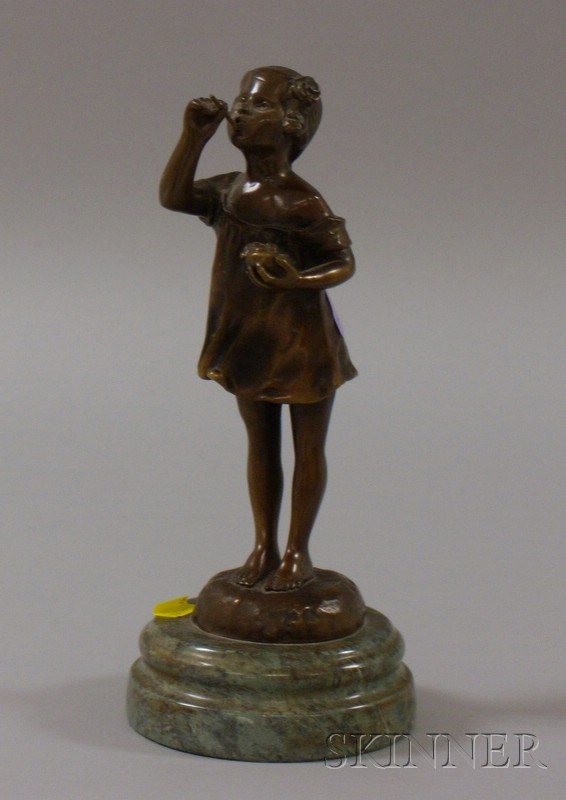 Appraisal: Patinated Bronze Sculpture of a Young Girl Blowing Bubbles unsigned