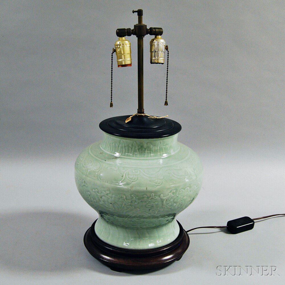 Appraisal: Celadon Vase Lamp China th century compressed baluster-shape with waisted