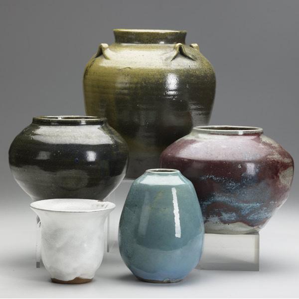 Appraisal: NORTH CAROLINA POTTERY Five vases three Jugtown one Ben Owen