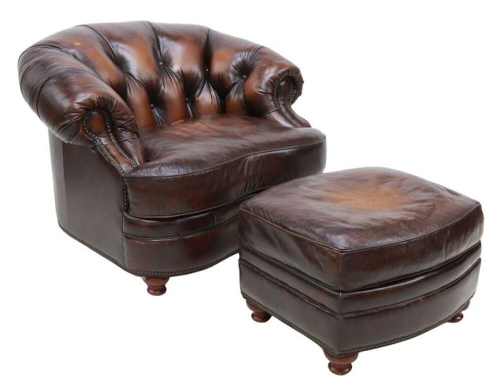 Appraisal: Chesterfield style armchair and ottoman Jaclyn Smith Home having brown