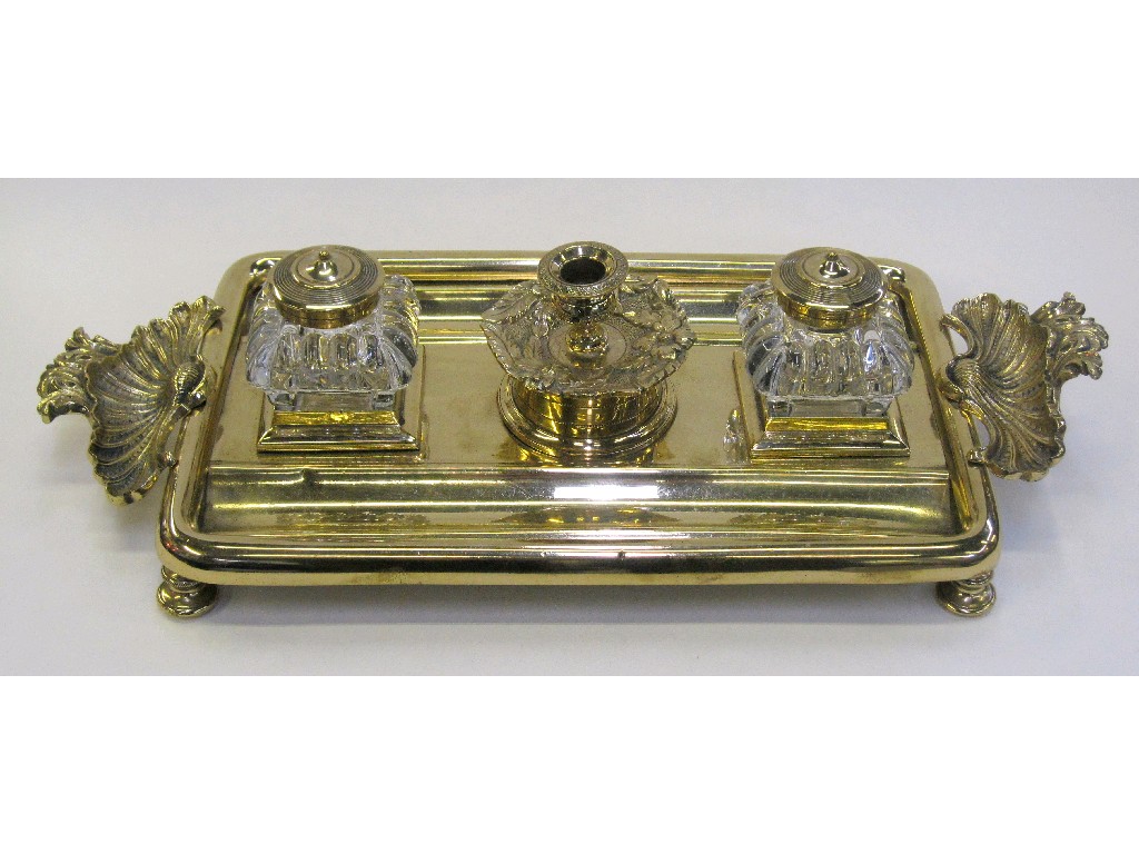 Appraisal: Cast brass desk stand with two glass inkwells and a