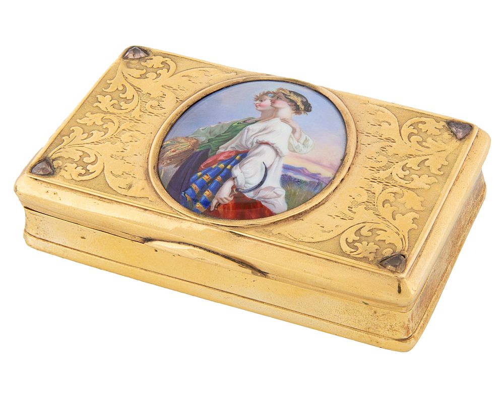 Appraisal: A GOLD AND ENAMEL SNUFF BOX LIKELY SWISS TH CENTURY