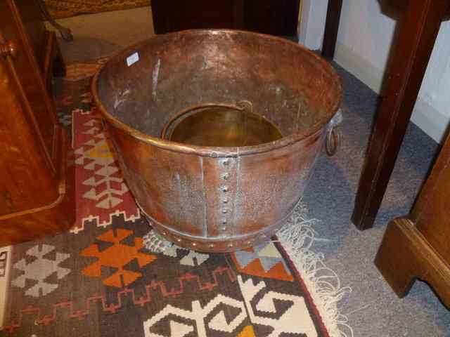 Appraisal: A LARGE COPPER LOG BIN and a brass jam pan