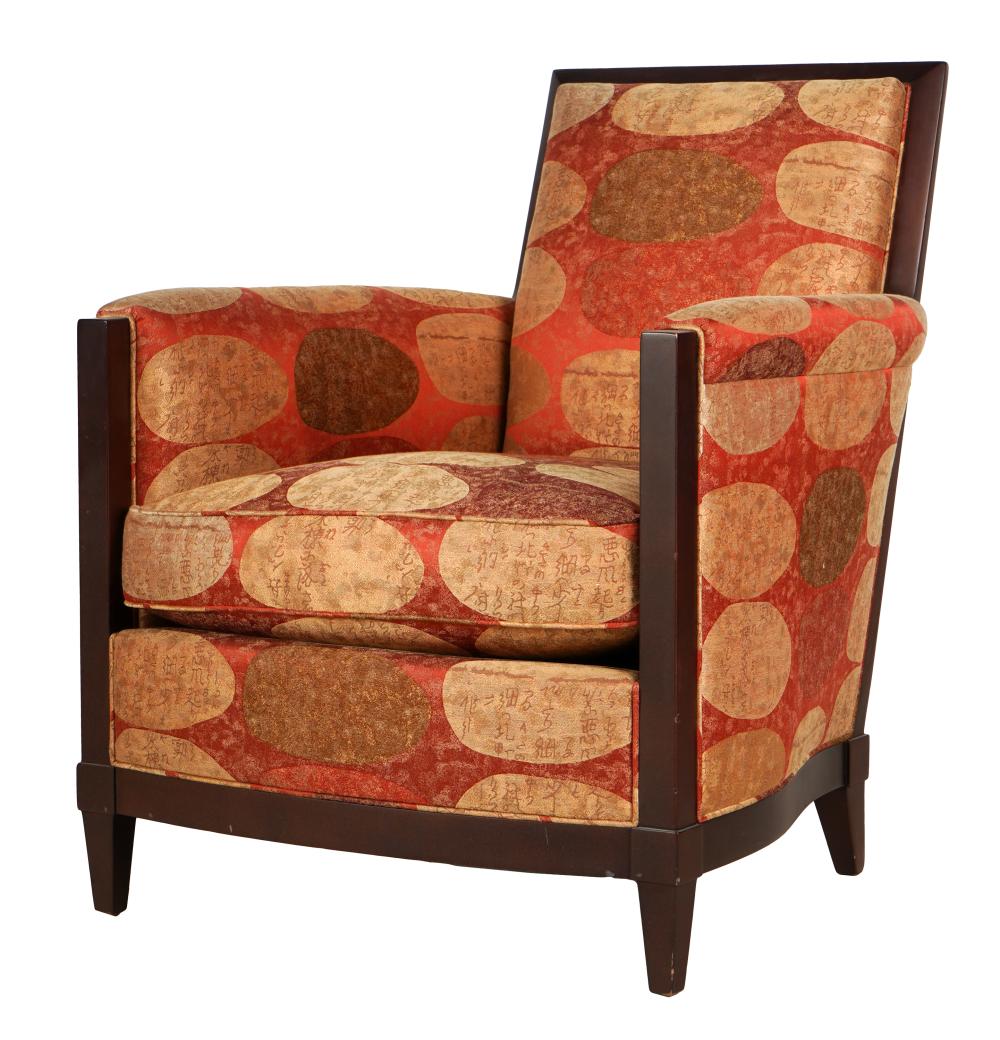 Appraisal: DONGHIA UPHOLSTERED ARMCHAIRwith label Asian-style inspired fabric inches wide inches