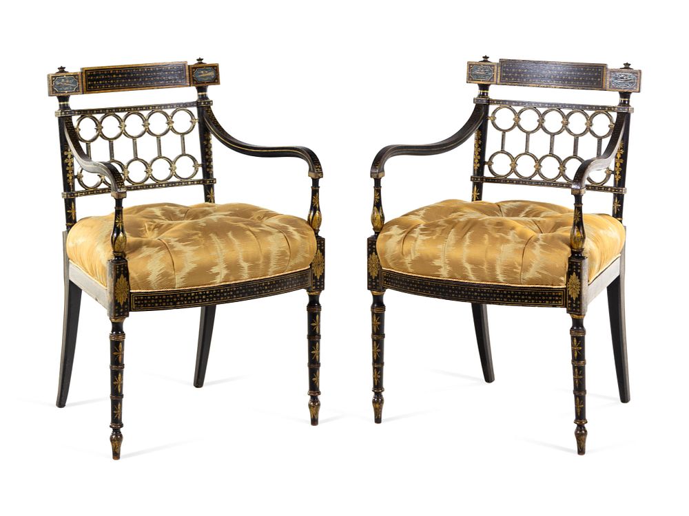 Appraisal: A Pair of Regency Style Gilt and Black Lacquered Armchairs