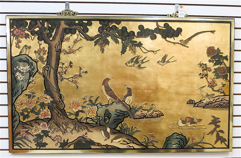 Appraisal: CHINESE GILT WOOD WALL PANEL featuring birds and flowering tree