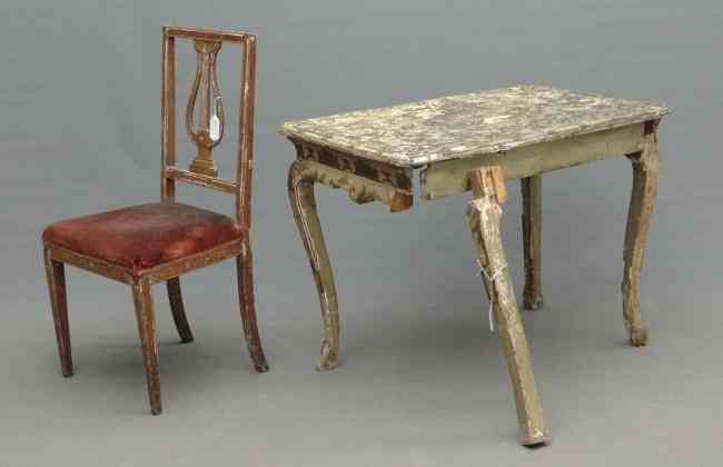 Appraisal: Early Continental table with lyre back chair As found