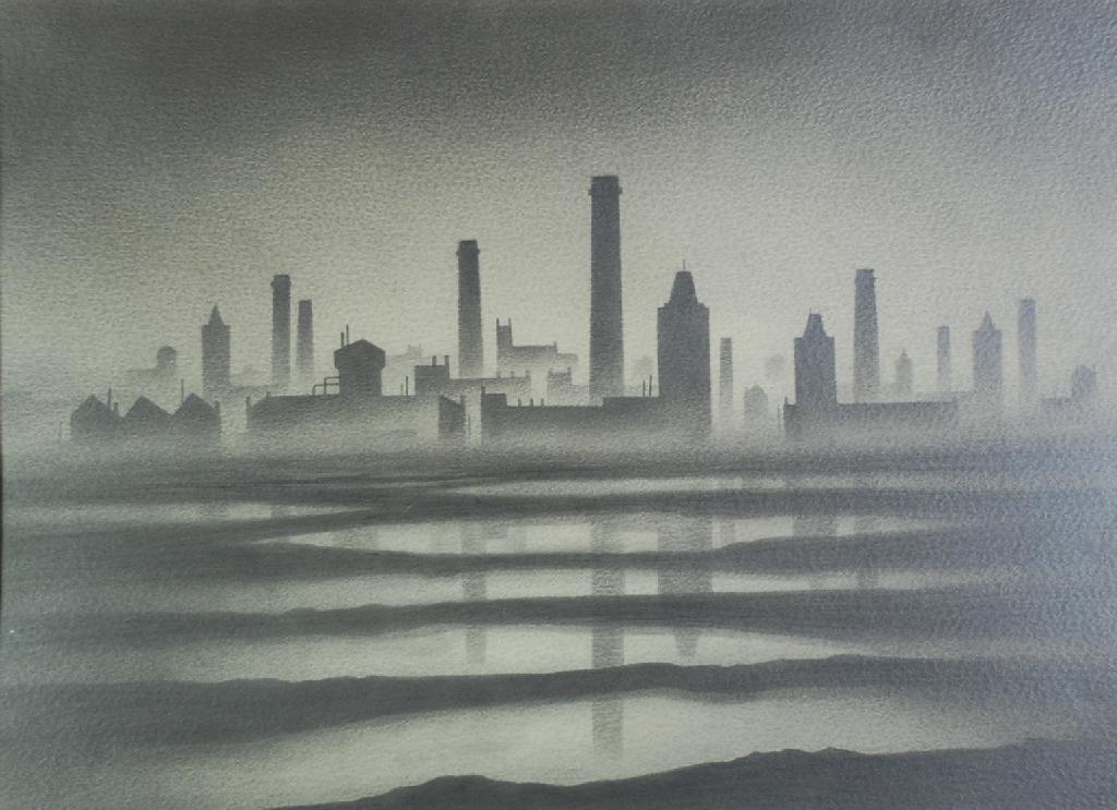 Appraisal: TREVOR GRIMSHAW - PENCIL Industrial landscape signed x cm x