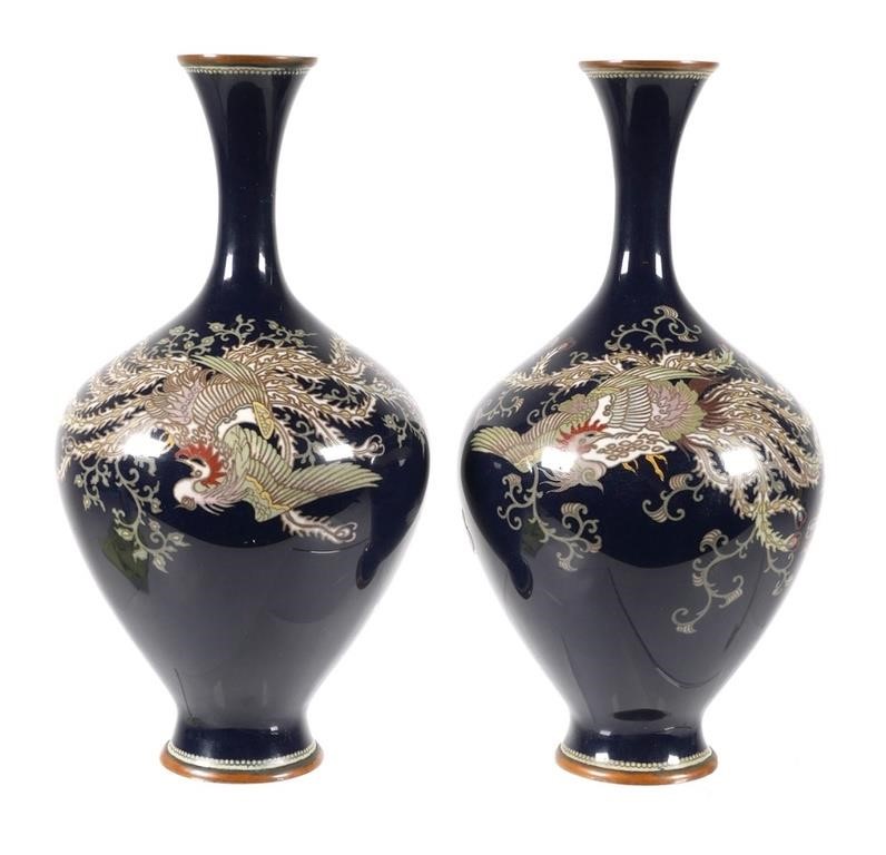 Appraisal: PAIR ANTIQUE JAPANESE CLOISONNE VASESJapanese enamel vases with flying phoenix