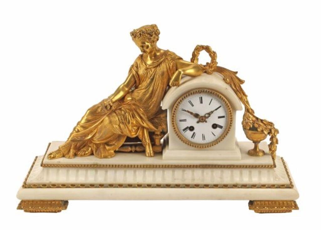 Appraisal: French marble mantel shelf clock th c seated Classical female