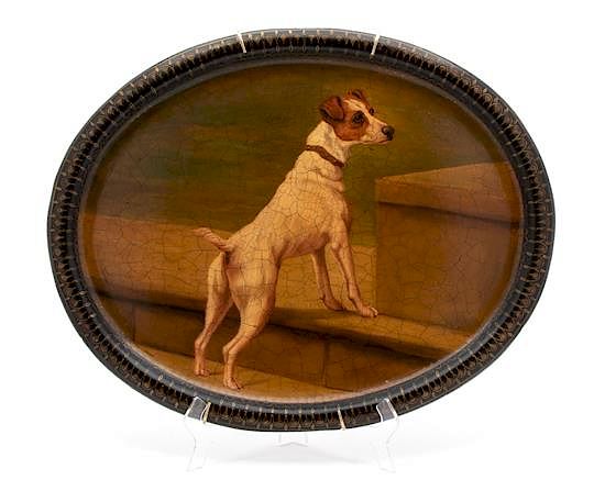 Appraisal: An English Jack Russell Dog Painting Papier Mache Oval Tray