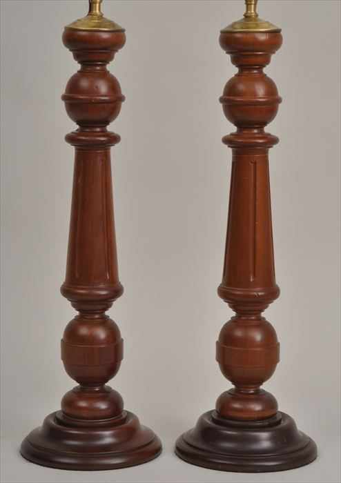 Appraisal: PAIR OF VICTORIAN WALNUT TURNED BALUSTERS MOUNTED AS LAMPS in