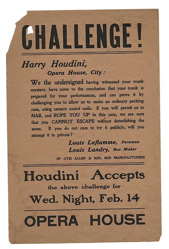 Appraisal: Houdini Trunk Escape Challenge Handbill Houdini Harry Ehrich Weisz Houdini