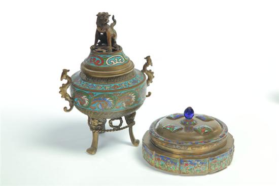 Appraisal: CENSER AND DISH China mid th century brass Champleve censer