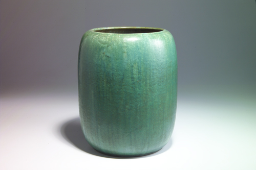 Appraisal: FULPER Rare barrel-shaped vase covered in a fine frothy Cucumber