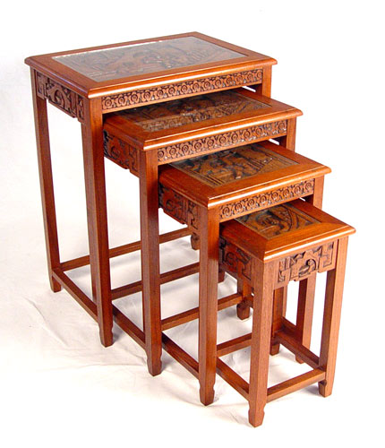 Appraisal: NEST OF CHINESE CARVED TABLES Recessed carved panels under glass