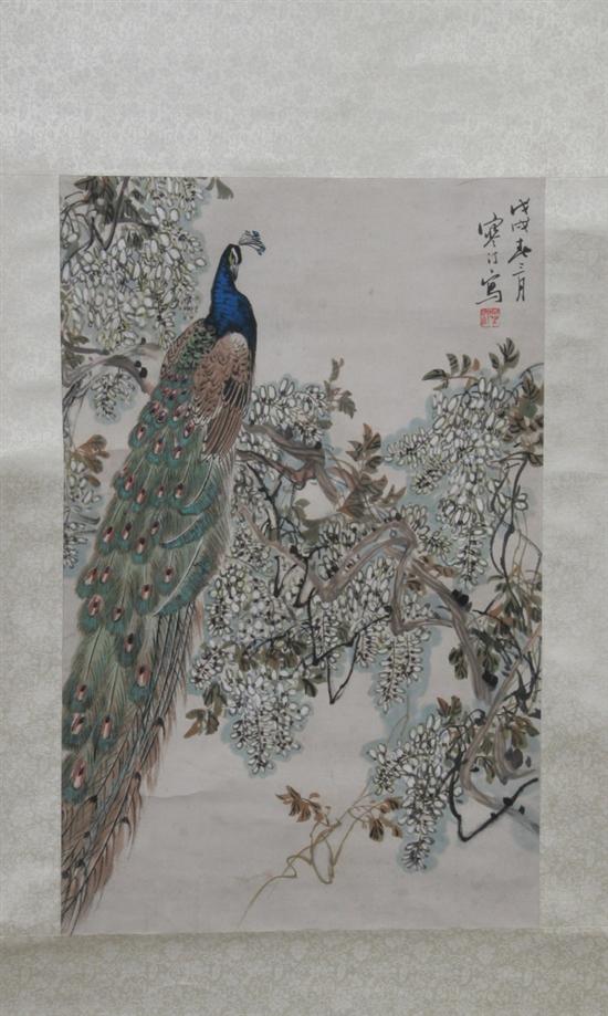 Appraisal: JIANG HAN TING Chinese - Peacock Perched on Flowering Branch