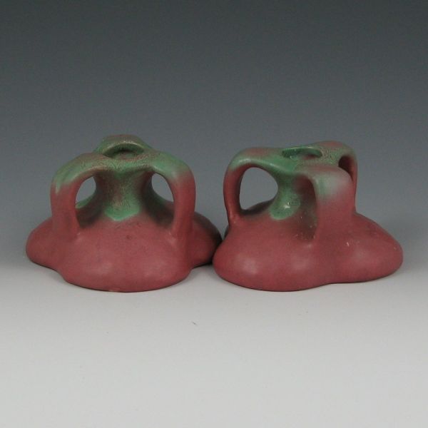 Appraisal: Pair of Muncie Spanish candleholders in matte green over rose