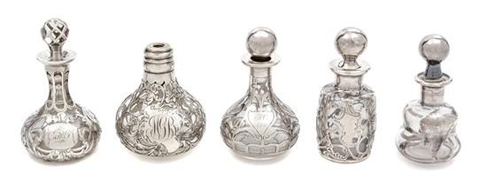 Appraisal: Sale Lot A Group of Five Silver Overlay Glass Perfume