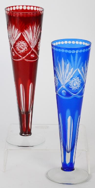 Appraisal: PAIR OF FLASH CUT AND STAINED GLASS TRUMPET VASES on