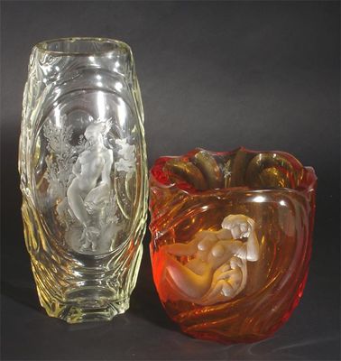 Appraisal: A Czechoslovakian amber glass vase cut and frosted with a