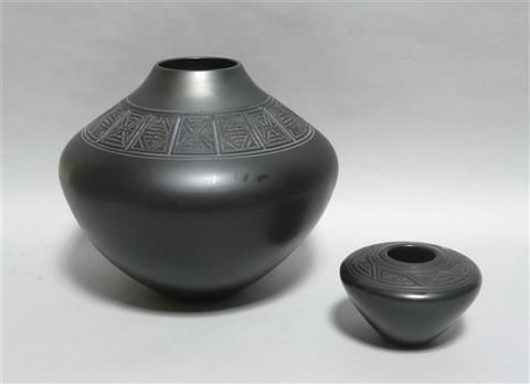 Appraisal: DAVID GREENBAUM AMERICAN TH CENTURY TWO BLACK VESSELS Burnished clay