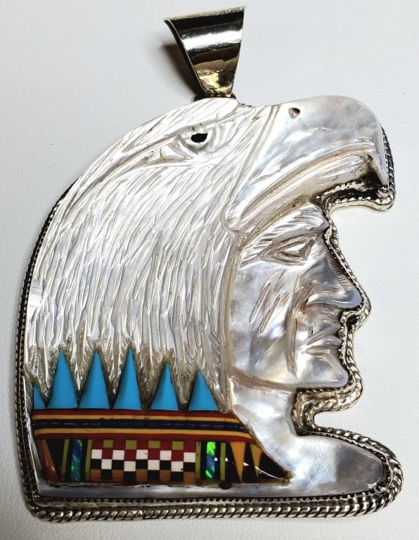 Appraisal: Beautiful Sterling Silver pendant with carved Abalone Eagle Indian head