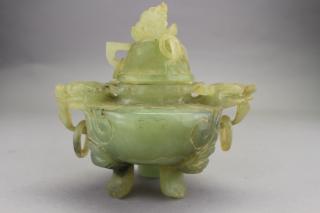 Appraisal: Carved Chinese Apple Jade Footed Censor Carved Chinese Apple Jade