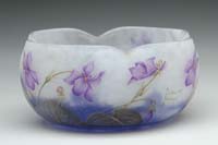 Appraisal: DAUM CAMEO ENAMEL BOWL Gorgeous purple floral design with green