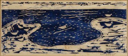 Appraisal: MILTON AVERY UNTITLED WATERSCAPE WITH BIRDS Woodblock print in blue