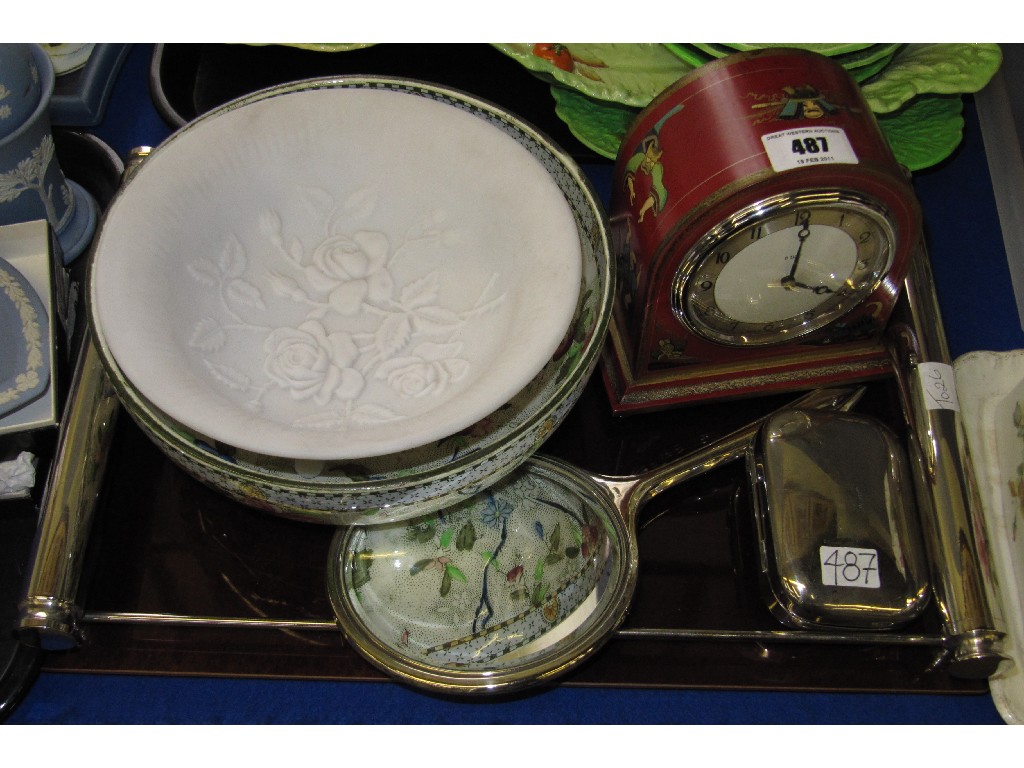 Appraisal: Lot comprising Japanese lacquered clock Coronaware bowl moulded glass bowl