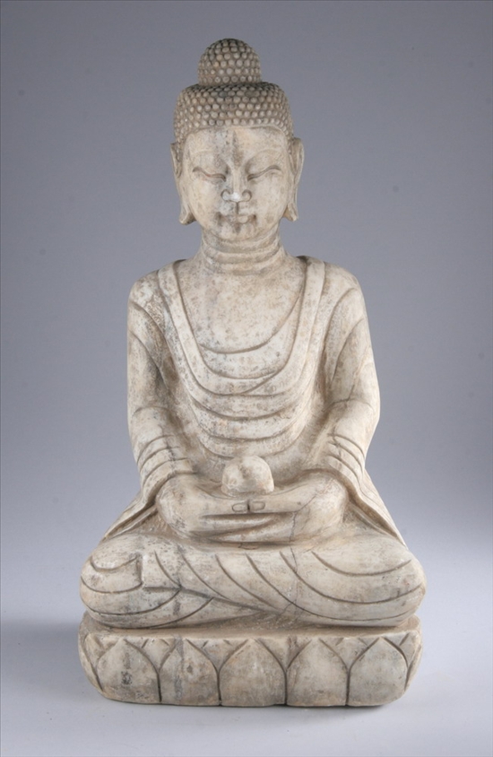 Appraisal: CHINESE MARBLE FIGURE OF BUDDHA Seated in dhyanasana on lotus