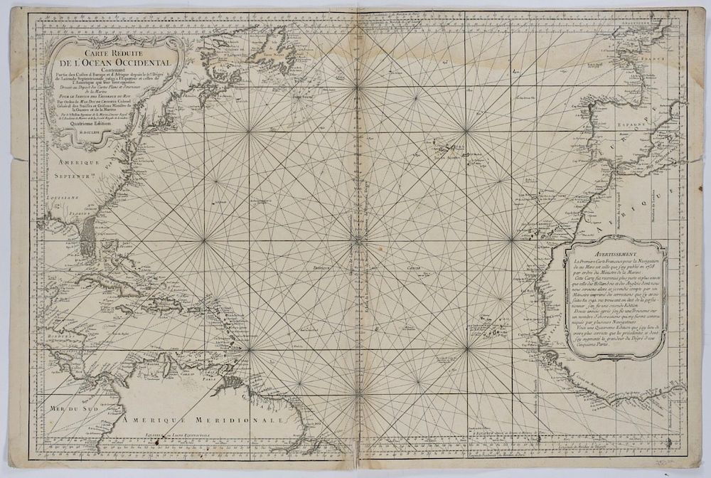 Appraisal: Bellin Map of the Atlantic Ocean Jacques-Nicolas Bellin - Carte