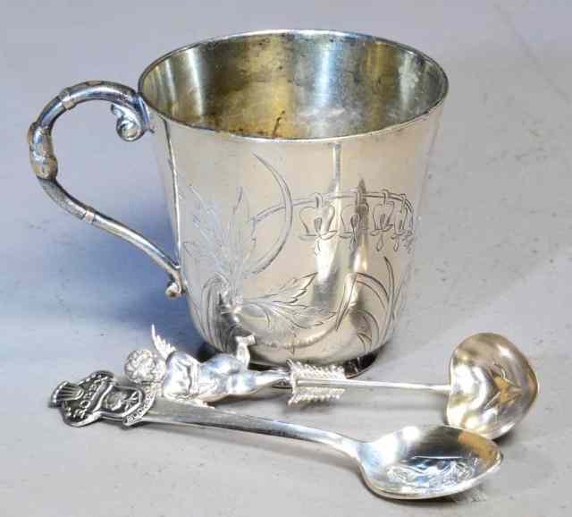 Appraisal: Silver Silver Plate ItemsTo include a Cherub nut spoon with