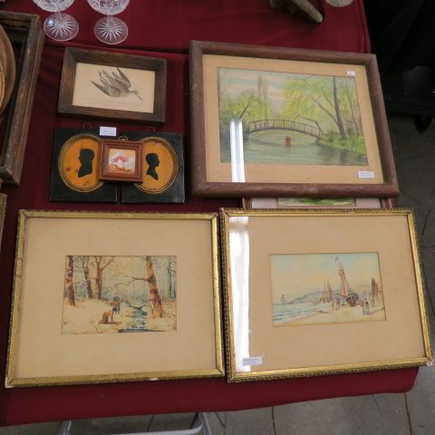 Appraisal: Lot of Framed Artwork including watercolors pair of silhouttes and