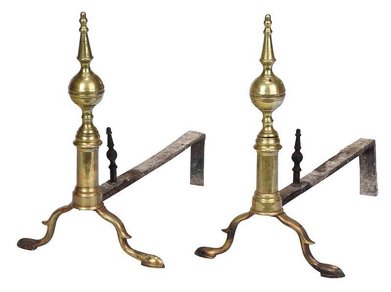 Appraisal: Pair of Brass Steeple Top Andirons American th century scroll