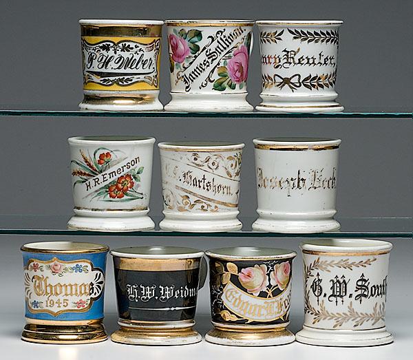 Appraisal: TEN NAMED MUGS porcelain shaving mugs First mug plain porcelain