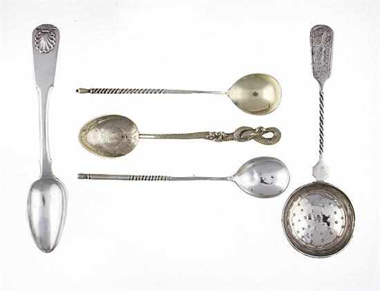 Appraisal: Russian silver spoons and tea strainer mid to late th