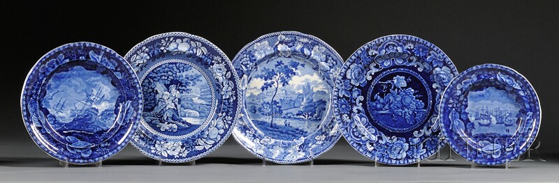 Appraisal: Five Staffordshire Pottery Blue Transfer-decorated Plates England early th century