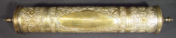 Appraisal: Floral embossed brass scroll case of railway interest containing a