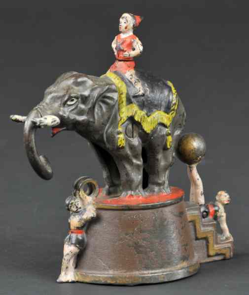 Appraisal: a ELEPHANT THREE CLOWNS MECHANICAL BANK Tan base J E