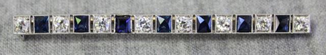 Appraisal: JEWELRY Antique Diamond and Sapphire Bar Pin Antique platinum bar