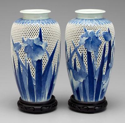 Appraisal: Pair Japanese openwork vases Hirado-style double-walled vases with blue and