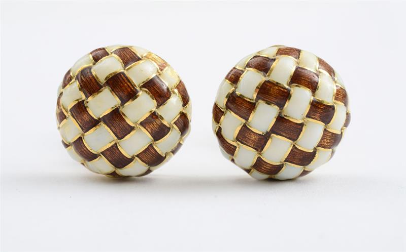 Appraisal: PAIR OF K GOLD AND ENAMEL BASKETWEAVE EARCLIPS TIFFANY CO