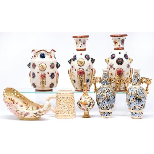 Appraisal: A Zsolnay reticulated boat shaped bowl vase and 'carved ivory'